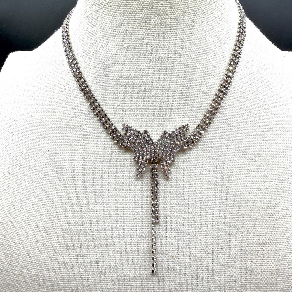 Clear Rhinestone Butterfly Silver Tone Statement Necklace Y2K Bridal Party Gift